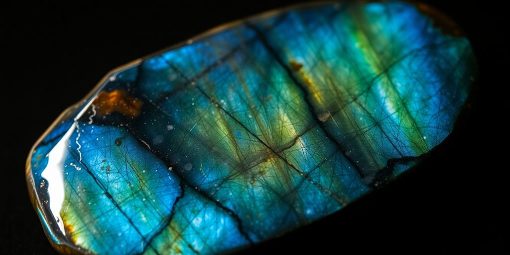 Close-up of a shimmering labradorite stone.