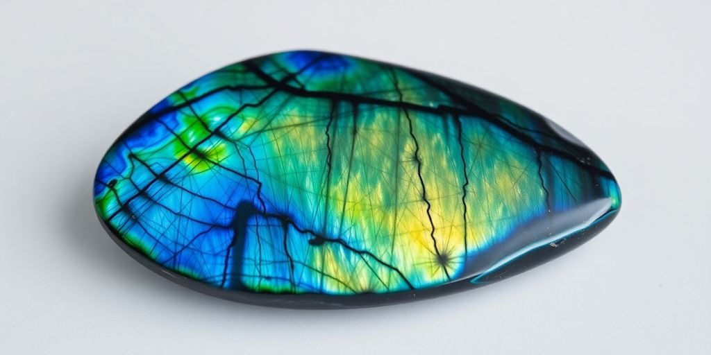 Close-up of a polished labradorite stone with iridescence.