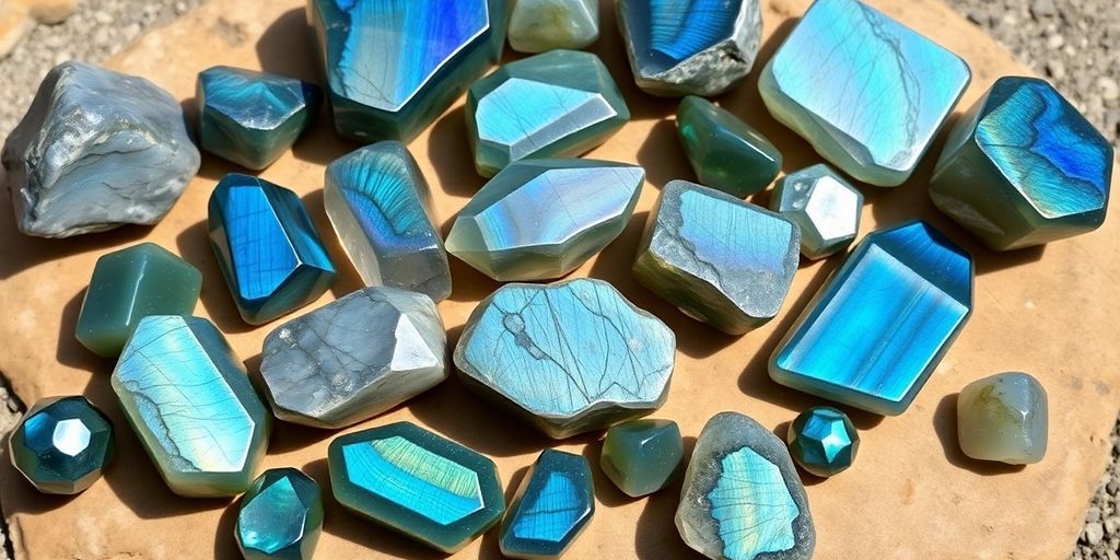 Colorful Labradorite crystals on a textured stone surface.